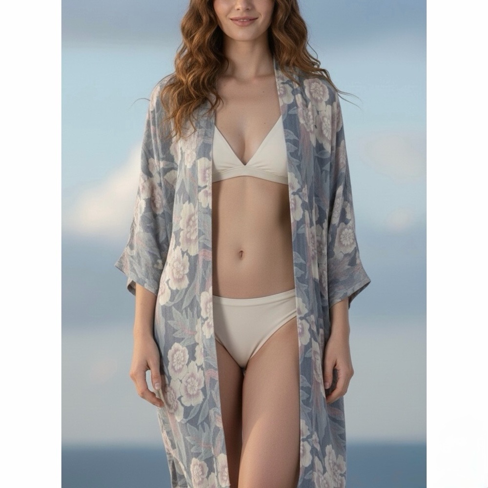 WORLD MARKET Tropical Floral Kimono Robe Cover Up Cardigan Top Blue Pink OS
